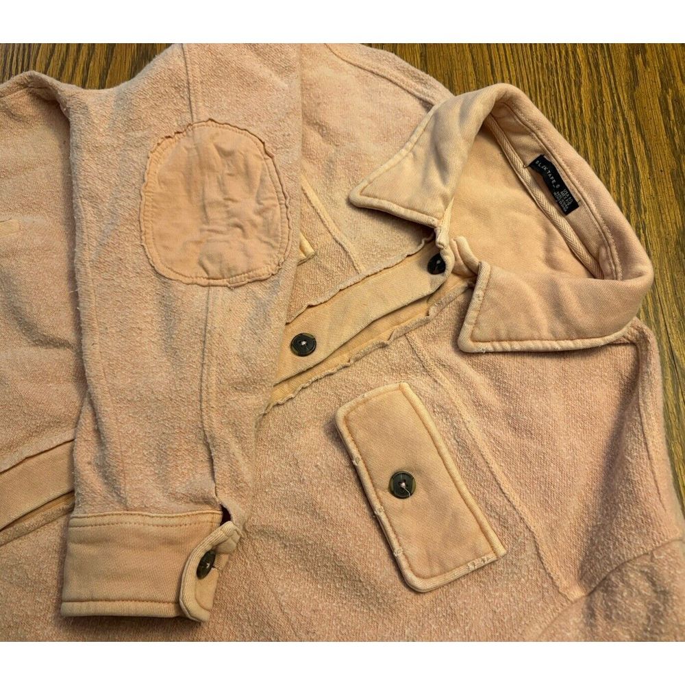 Black Tape Button Up Womens Size P/L Beige Chambray Shacket Elbow Patches‎